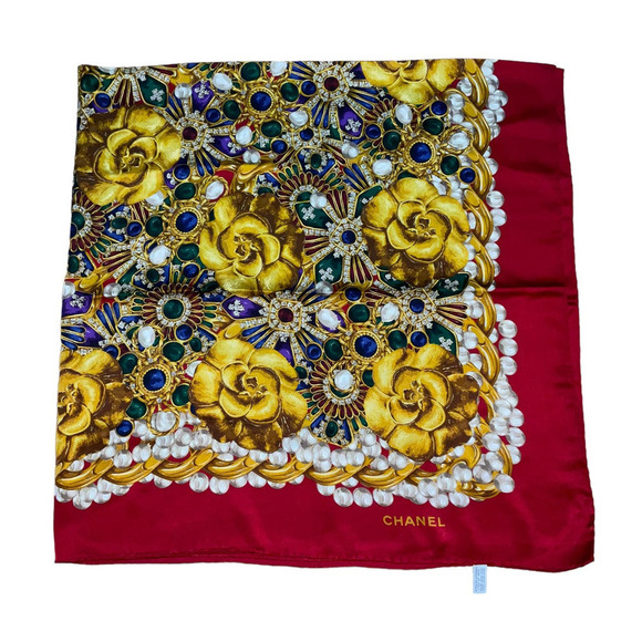 Chanel Iconic 54” Silk Shawl Jewel Camellia Motif Multicolor Large Scarf Wrap - Picture 5 of 15